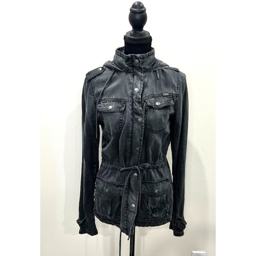 Max Jeans Women XS Black Tencel Utility Jacket Hooded Military Field Coat Cargo